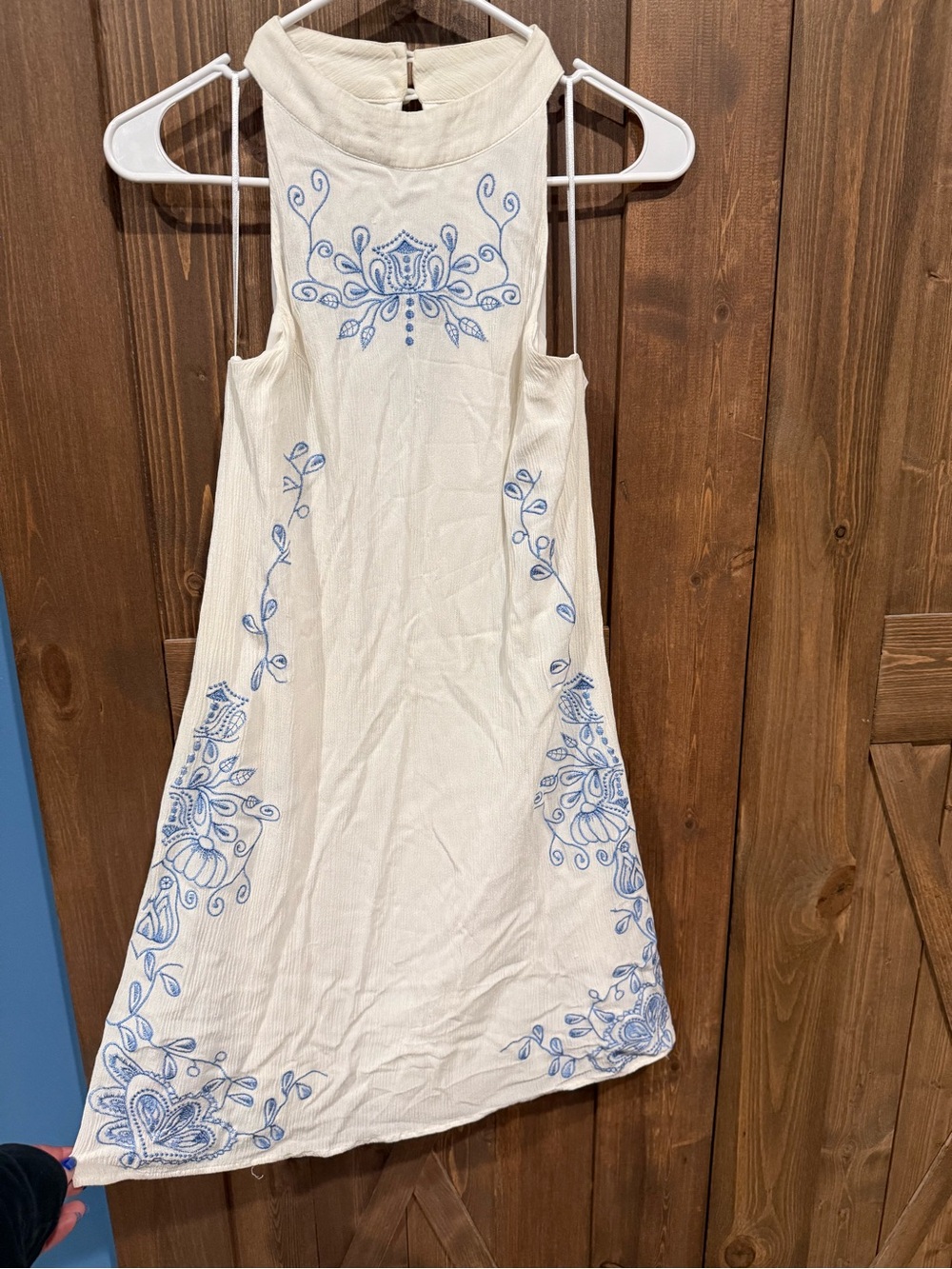 Francesca's Collections Cream Halter Mini Dress with Light Blue Embroidery